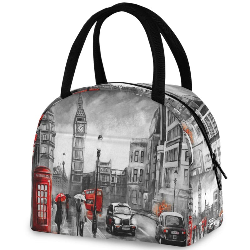 ZzWwR Stylish London Street View Big Ben Reusable Lunch Tote Bag with Front Pocket Zipper Closure Insulated Thermal Cooler Container Bag for Man Women Work Picnic Travel Beach Fishing - Image 1